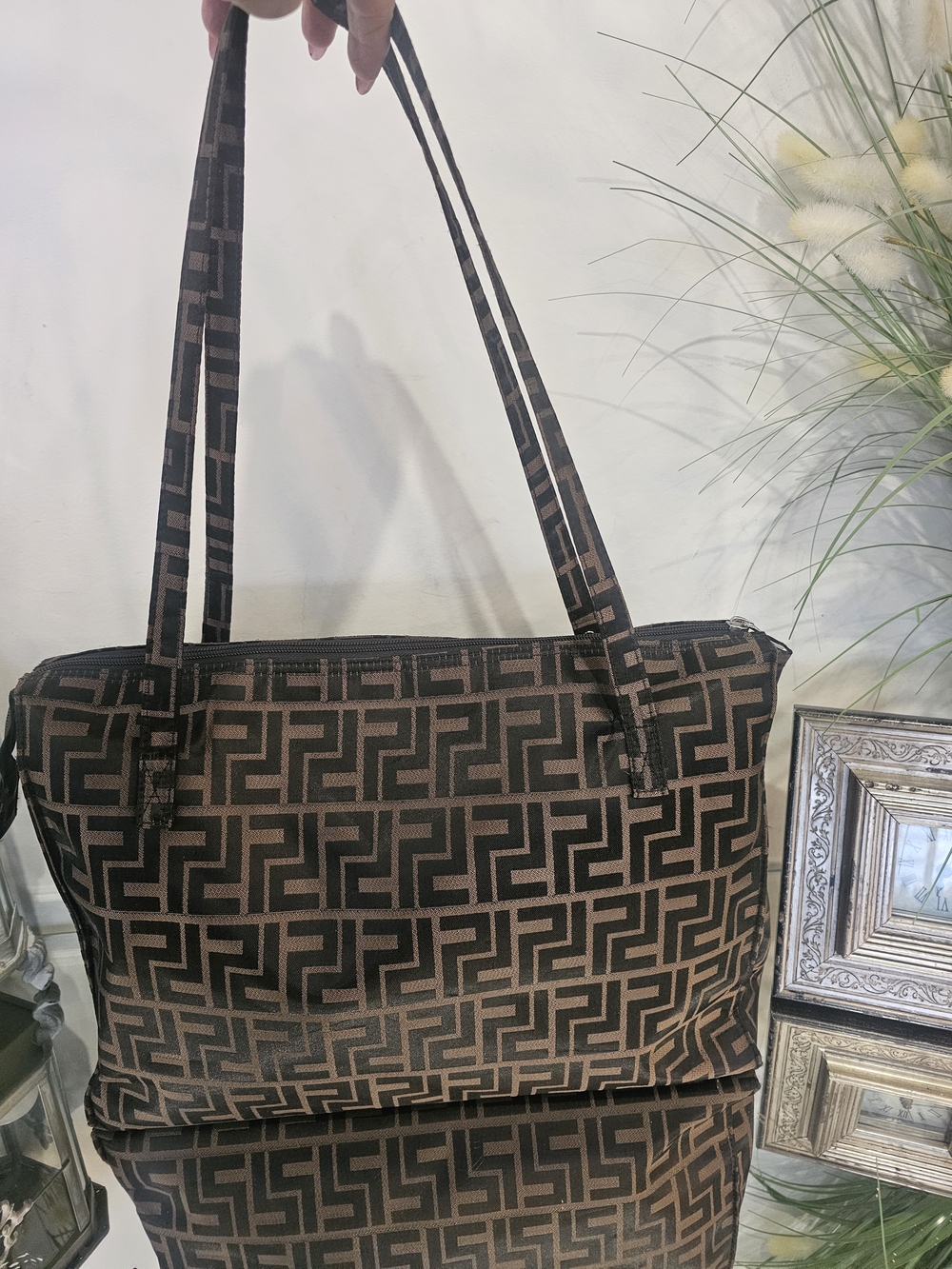 Classic Geometric Pattern Tote Bag in Brown & Black